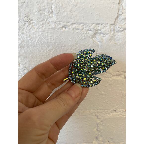 vintage 1950s Julianna aqua rhinestone brooch and earrings 50s jewelry set leaf - Picture 6 of 9